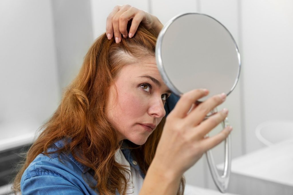 Doctor examining scalp for COVID-related hair shedding symptoms