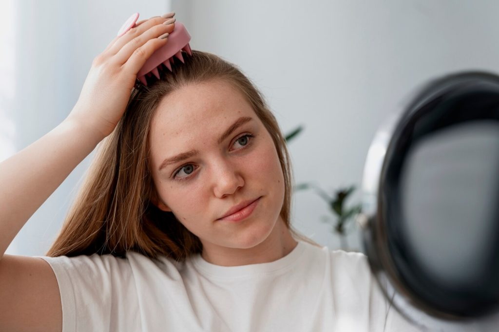 Teenager looking worried about hair loss and thinning hair in teens