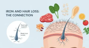 Iron deficiency and hair loss connection infographic showing ferritin levels