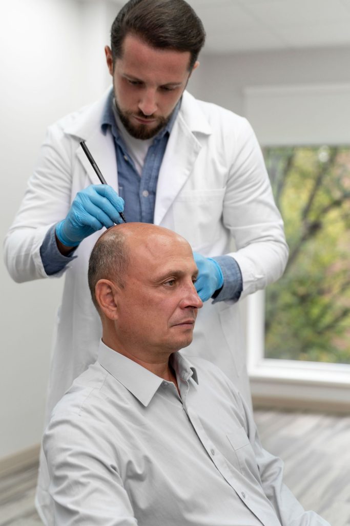 Man undergoing follicular unit extraction hair transplant procedure